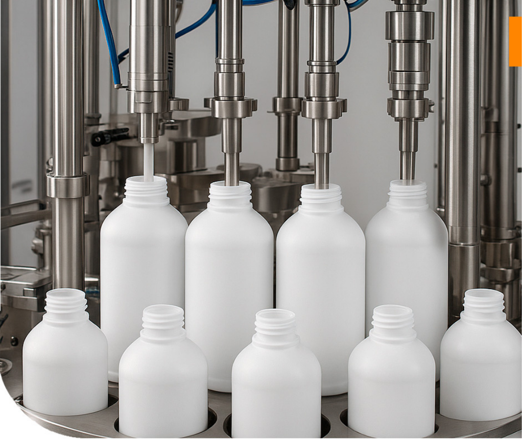 Botellas plásticas de polietileno siendo llenadas en una línea automática de producción industrial.