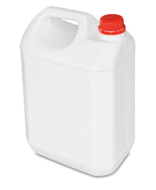 Envase plástico de 5 litros fabricado en polietileno de alta densidad (PEAD) con tapa rosca para almacenamiento de líquidos y productos químicos.