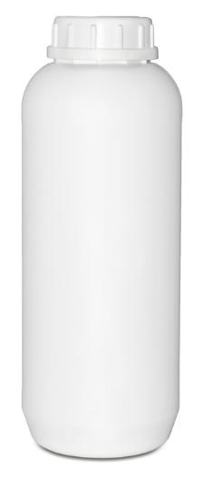 Envase plástico cilíndrico de 1 litro fabricado en polietileno de alta densidad (PEAD) con tapa rosca para almacenamiento de líquidos.