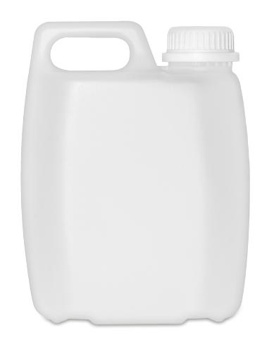 Envase plástico tipo garrafa de 1 litro en polietileno de alta densidad (PEAD) con asa para transporte de líquidos.